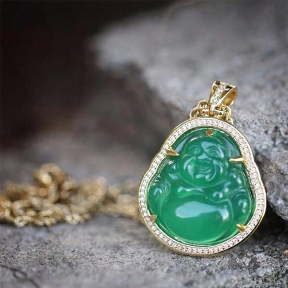 14K Gold Plated Green Jade Buddha Pendant Necklace With Lab Simulated Diamonds - Picture 2 of 6